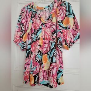 Crown & Ivy Vibrant Floral Blouse - Pink, Orange, Blue